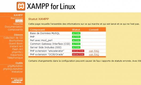 Statut des composants de XAMPP