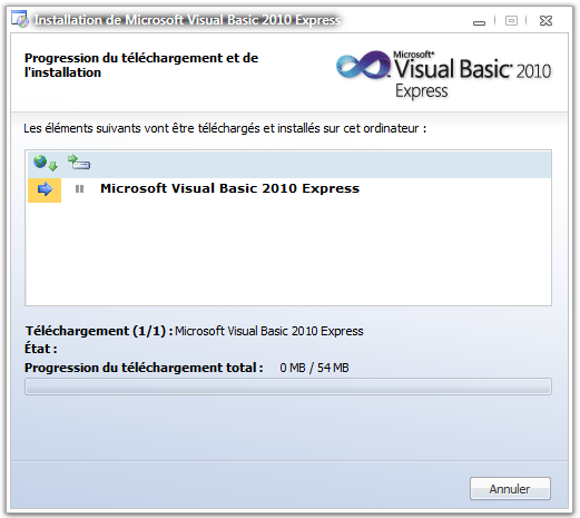 Visual Basic 2010 Express est en cours de téléchargement