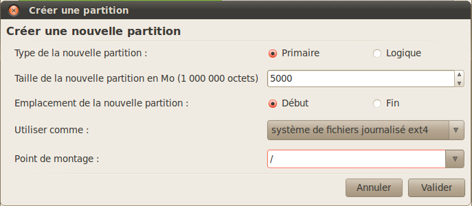 Création de la partition Ubuntu