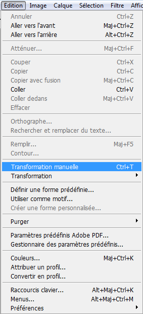 Transformation manuelle - Menu