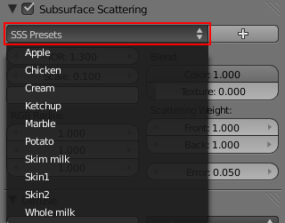 Le menu SubSurface Scattering contient des pré-réglages