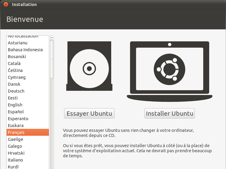Premier accueil d'Ubuntu