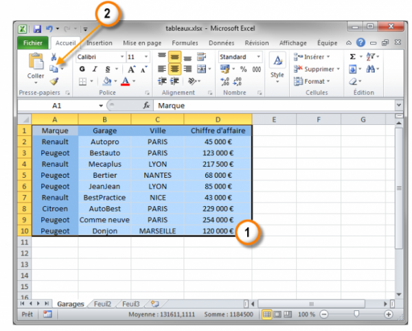 Sélection et copie des données dans Excel