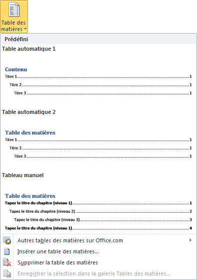 L'icône Table des matières donne accès à plusieurs modèles prédéfinis