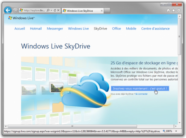 La page d'inscription de SkyDrive