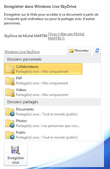 Les différents dossiers de l'espace SkyDrive sont directement accessibles