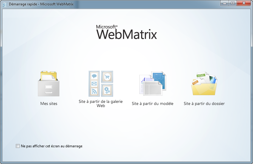 Démarrage de WebMatrix