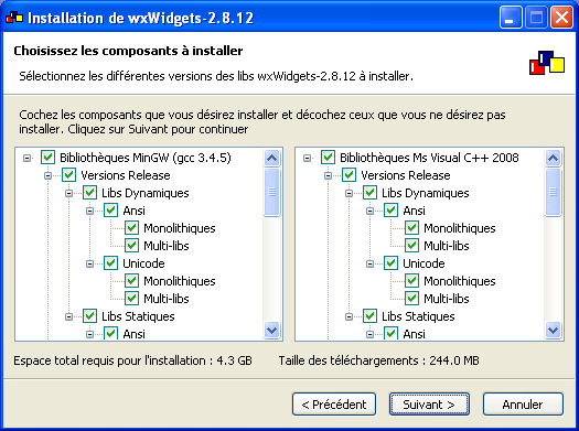 Installateur wxWidgets 2.8.12 - Sélection des paquets à installer
