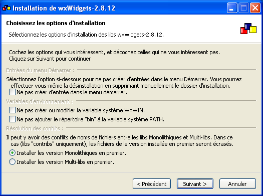Installateur wxWidgets 2.8.12 - Options d'installation