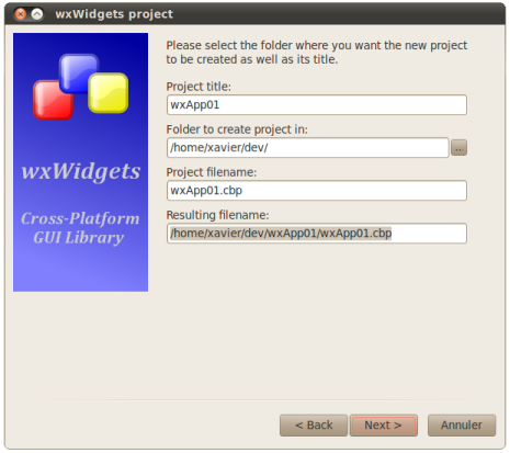 Assistant Code::Blocks wxWidgets sous Linux - Titre et chemin du projet