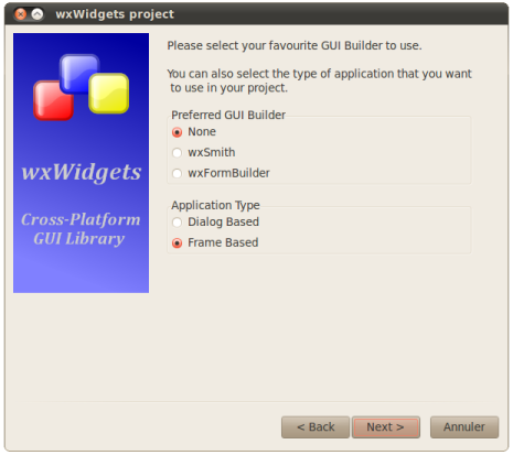 Assistant Code::Blocks wxWidgets sous Linux - Paramètres de l'interface du projet