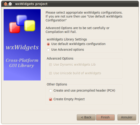 Assistant Code::Blocks wxWidgets sous Linux - Paramètres wxWidgets
