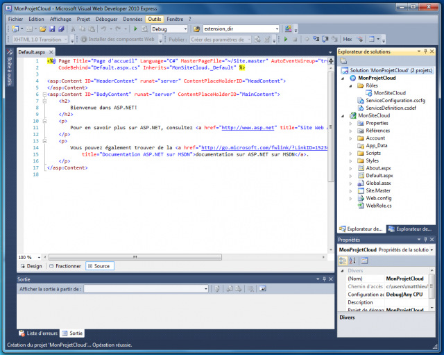 Projet Azure dans Visual Web Developer