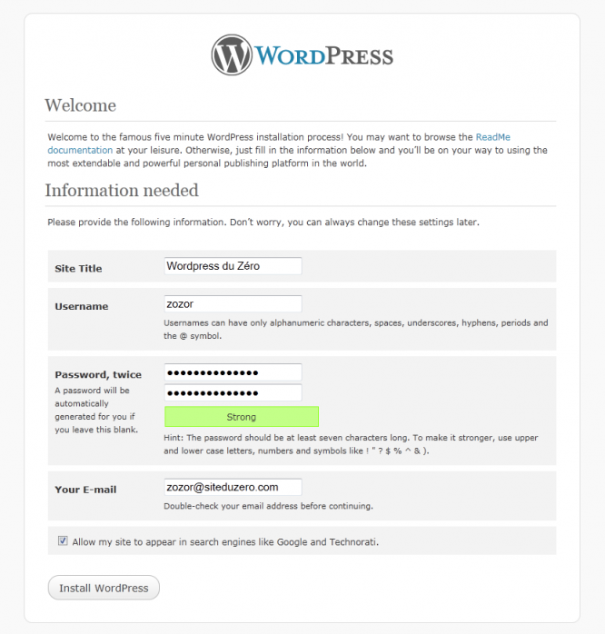 Configuration du blog Wordpress