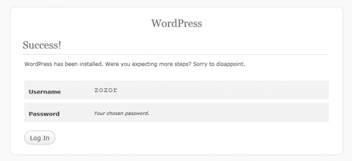 Fin de l'installation de Wordpress