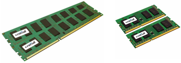 À gauche deux barrettes au format DIMM, à droite deux barrettes au format SO-DIMM