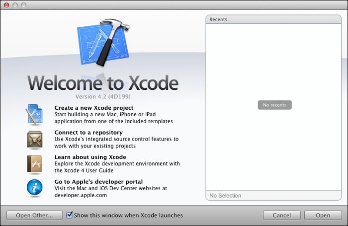 Fenêtre de lancement de Xcode