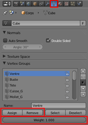 Le menu Object Data avec l’assignation des Vertex Groups
