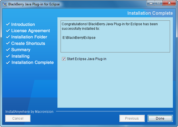 Étape 7 sur 7 : Cochez la case Start Eclipse Java Plug-in puis cliquez sur Done pour démarrer Eclipse.