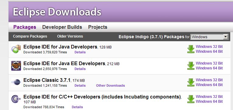 Page de téléchargement d'Eclipse pour Java EE