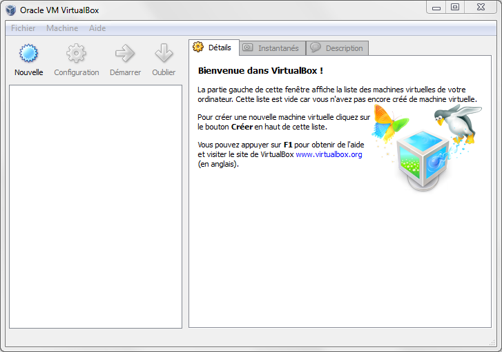 L'écran d'accueil de VirtualBox