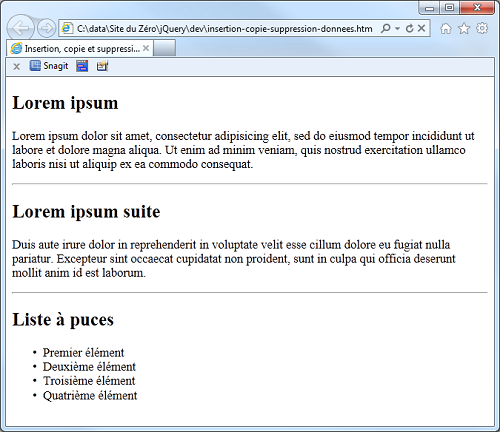 La page HTML avant l'intervention du code jQuery