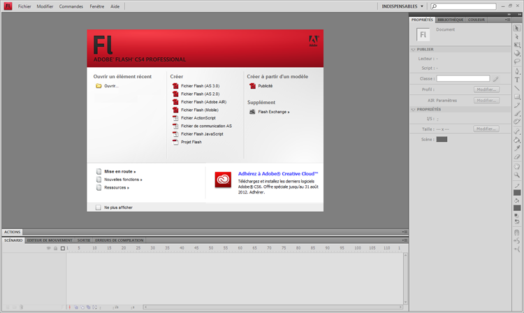 Le logiciel Adobe Flash Professional dans sa version CS4.