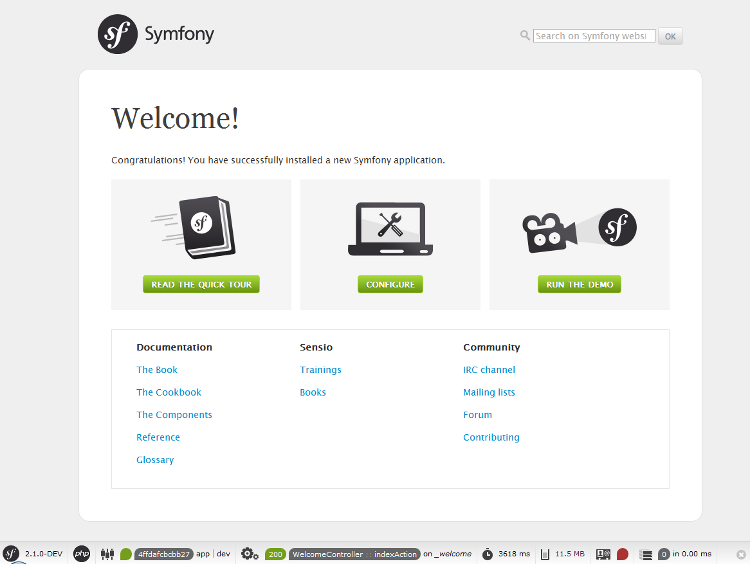 La page d'accueil de Symfony2