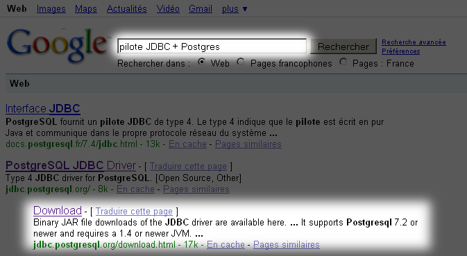 Recherche des pilotes JDBC pour PostgreSQL