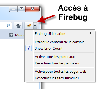 Cette icône (et le menu associé) donne accès à Firebug et à ses commandes principales