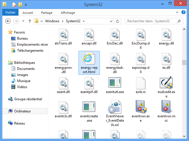 Fichier du rapport énergétique dans l'explorateur Windows