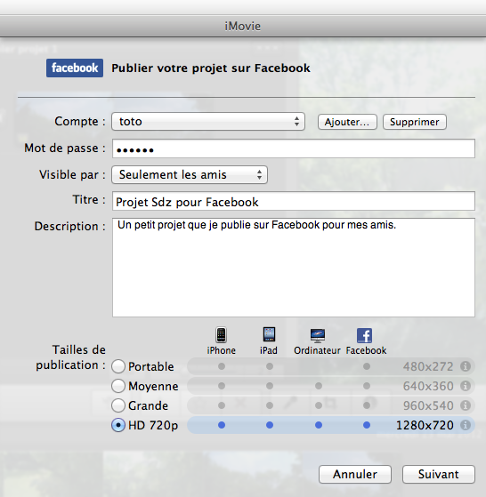 Exporter une vidéo vers Facebook