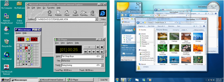À gauche, Windows 95, et à droite, Windows 7, sorti 14 ans plus tard