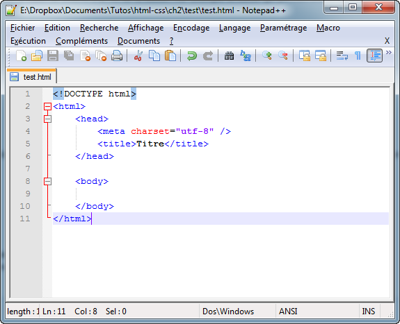 Code HTML5 minimal dans Notepad++