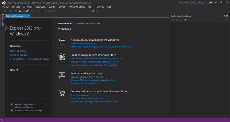 Aperçu de la page de démarrage de Visual Studio 2012