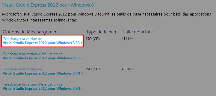 Téléchargement de Visual Studio 2012 Express pour Windows 8