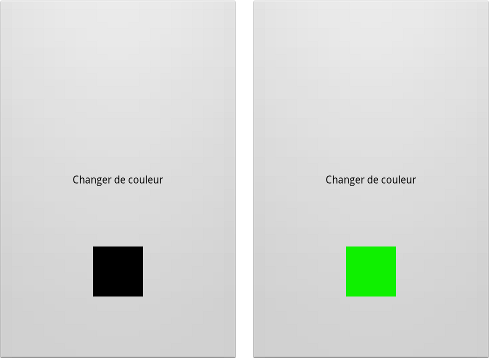 On a un petit carré en bas de notre bouton (écran de gauche) et dès qu'on appuie sur le bouton le carré change de couleur (écran de droite)