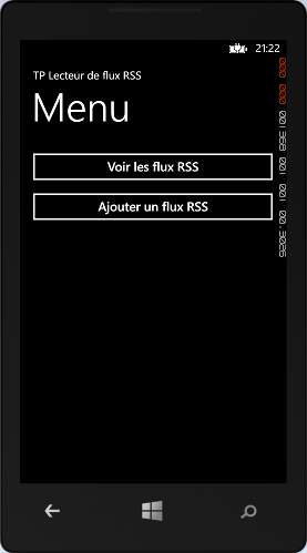 La page de menu du lecteur de flux RSS