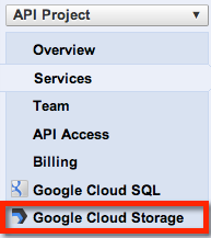 Google Cloud Storage est activé et apparaît dans le menu