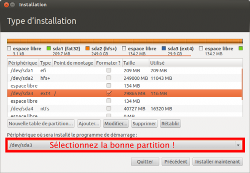Sélectionnez la partition Linux pour l'installation de GRUB !